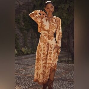 Farm Rio for Anthropologie Gold Paisley Metallic Open Back Maxi Dress Size M NEW